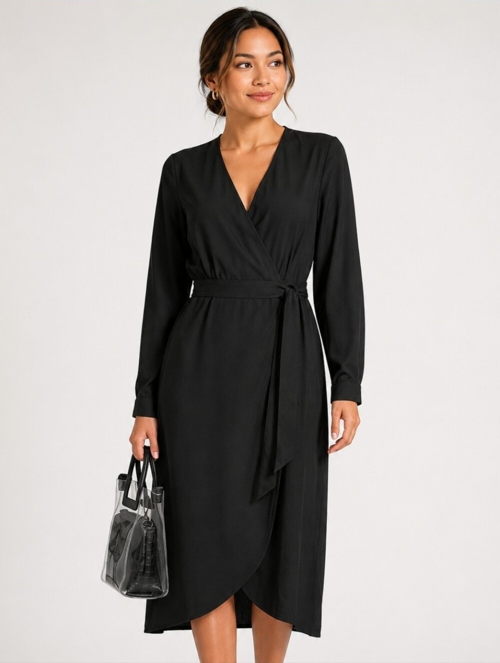 Women's Black Long Sleeve Faux Wrap Midi Dress Small
